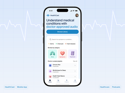 HealthCast – Healthcare App for Podcast app audio dashboard audio logo healthcare healthcare app medical dashboard medical ui mobile mobile app design mobile app ui modern app ui podcast podcast branding podcast cover art podcast dashboard podcast landing page podcast logo podcast ui podcast website