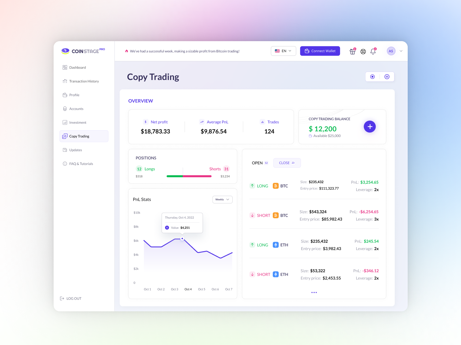 Copy Trading Dashboard crypto app crypto exchange cryptocurrency dashboard design finance fintech investment saas trading ui ux ux design