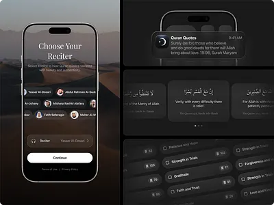 Quran Quotes – The Complete Story app app store azkar branding dark ios iphone islam mobile mockup modern muslim onboarding quran templates theme typography ui ux