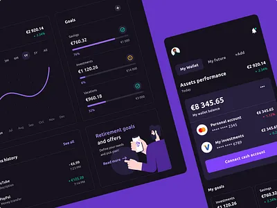 Vizier - Dark Mode Design for Mobile Finance accounts app banking chart dark mode dark theme data visualisation design finance fintech goals mobile mobileapp performance progress purple ui userinterface