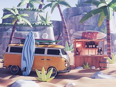 Surfer Van 3d blender diorama illustration render summer vibes