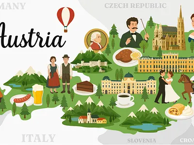 Tourist map of Austria alps apple strudel austria coffee empress sisi hallstatt hofburg palace illustration johann strauss map mozart sachertorte salzburg schönbrunn palace st. stephens cathedral tourism tourist vienna waltz wiener schnitzel