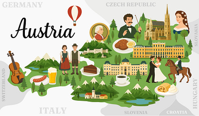 Tourist map of Austria alps apple strudel austria coffee empress sisi hallstatt hofburg palace illustration johann strauss map mozart sachertorte salzburg schönbrunn palace st. stephens cathedral tourism tourist vienna waltz wiener schnitzel