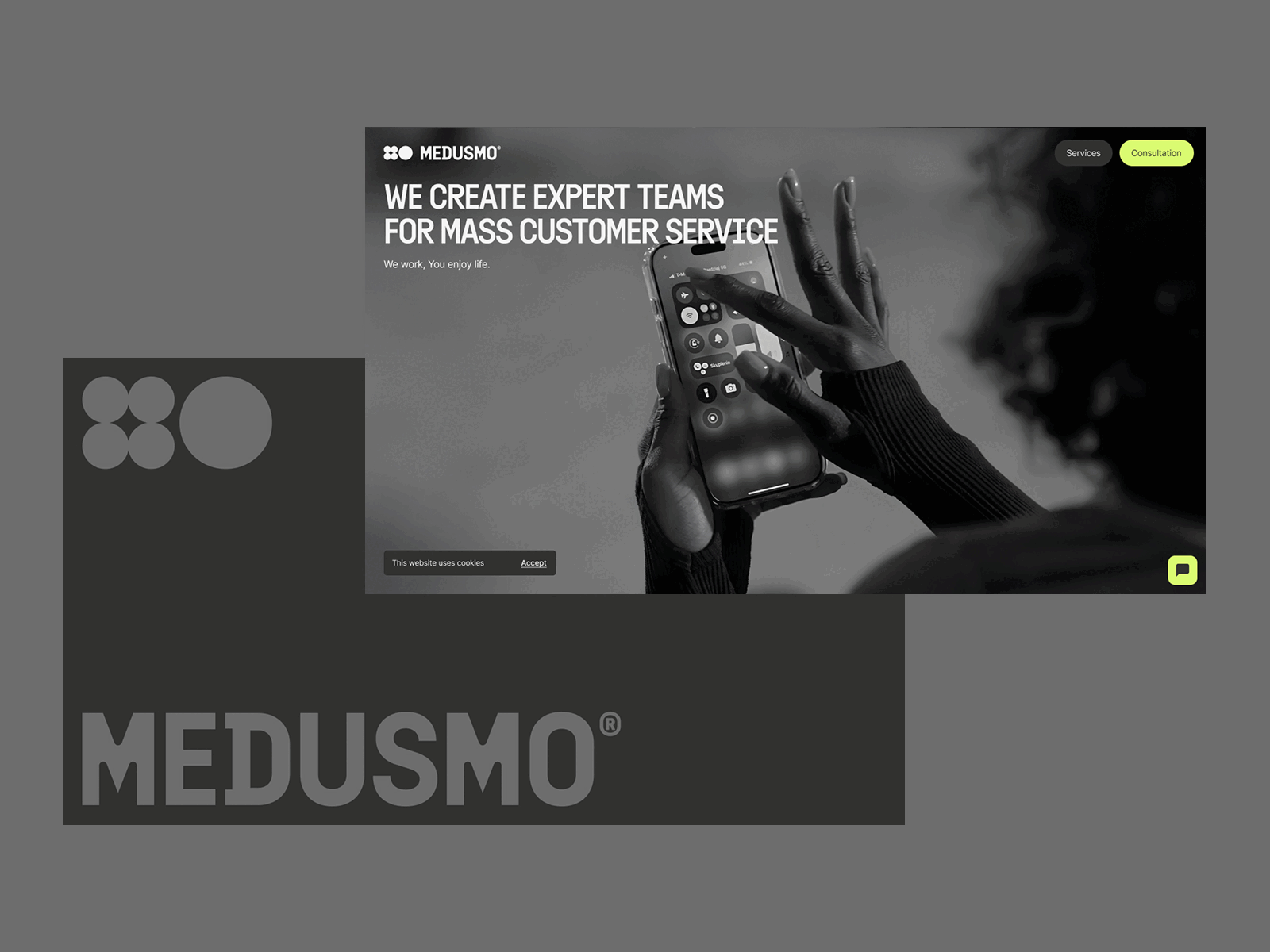 Medusmo 3d big photo black branding clean gray hero landing landing page modern mono motion graphics mp4 typography ui ux video web web design white