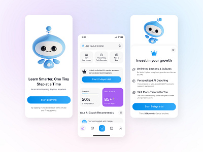 AI Learning App Design | Modern & Friendly UX UI ai ai assistant ai coach ai startup dailyui dashboard edtech interface design mobile mobile app onboarding online learning paywall product design startup ui user interface ux uxdesign visual design