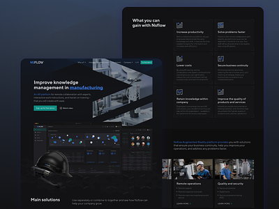 Nsflow – landing page application ar dark dashboard employee industry landing learning manufacturing onepage remote support remote training reports ui ux vr web