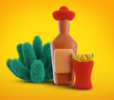 Tequila 3d agava blender3d bottle cartoon clay cocktail drink felt fur glass lime plasticine render sombrero tequila tiny toy