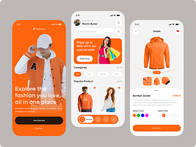 Fashion Ecommerce App UI UX android checkout design ecommerce app fashion app fashion ecommerce app figma design ios minimal mobile app modern online shopping orange outfit shopping app ui user interface ux wishlist