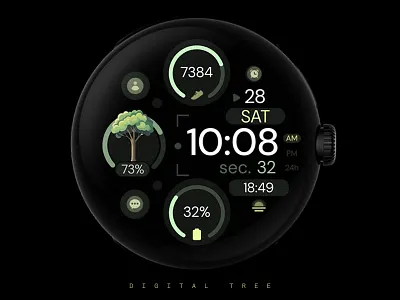 Simple Digital Watch Face black dark design elegant google graphic design green illustration modern pixel watch samsung simple smartwatch technology tree ui watch watchface