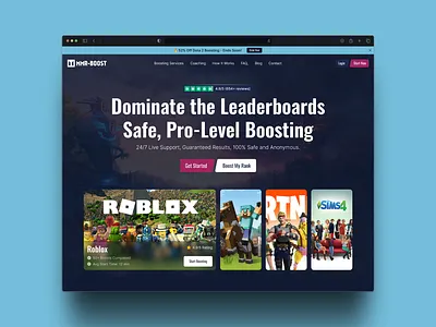 Game Boosting Landing Page boosting service calltoaction clean conversiondesign figma game boosting gaming ui landing page marketingdesign modren startupui ui ux web design
