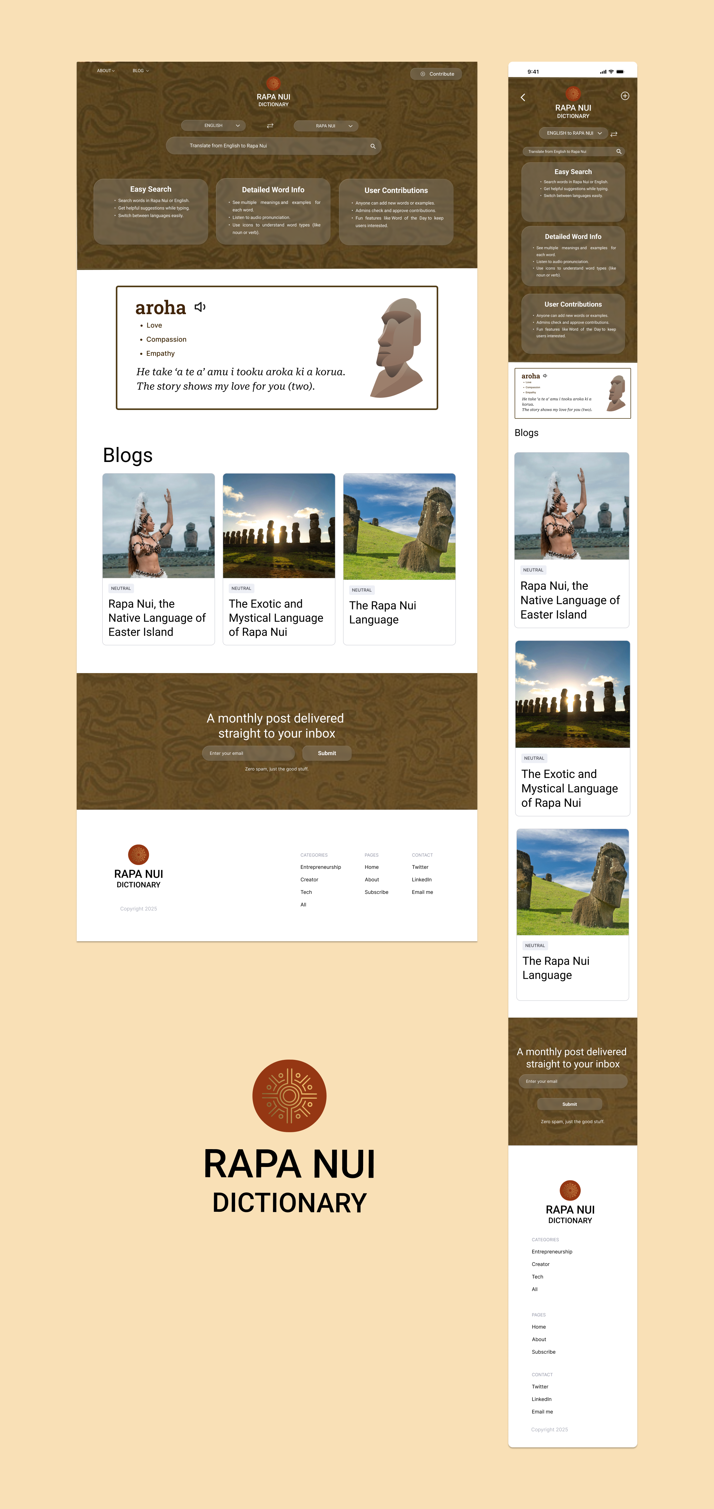 Web UI Design for Online Rapa Nui Language Dictionary culture education heritage homepage indigenous language learning platform minimal ui rapa nui language app responsive design translation typography ui vocabulary web ui design