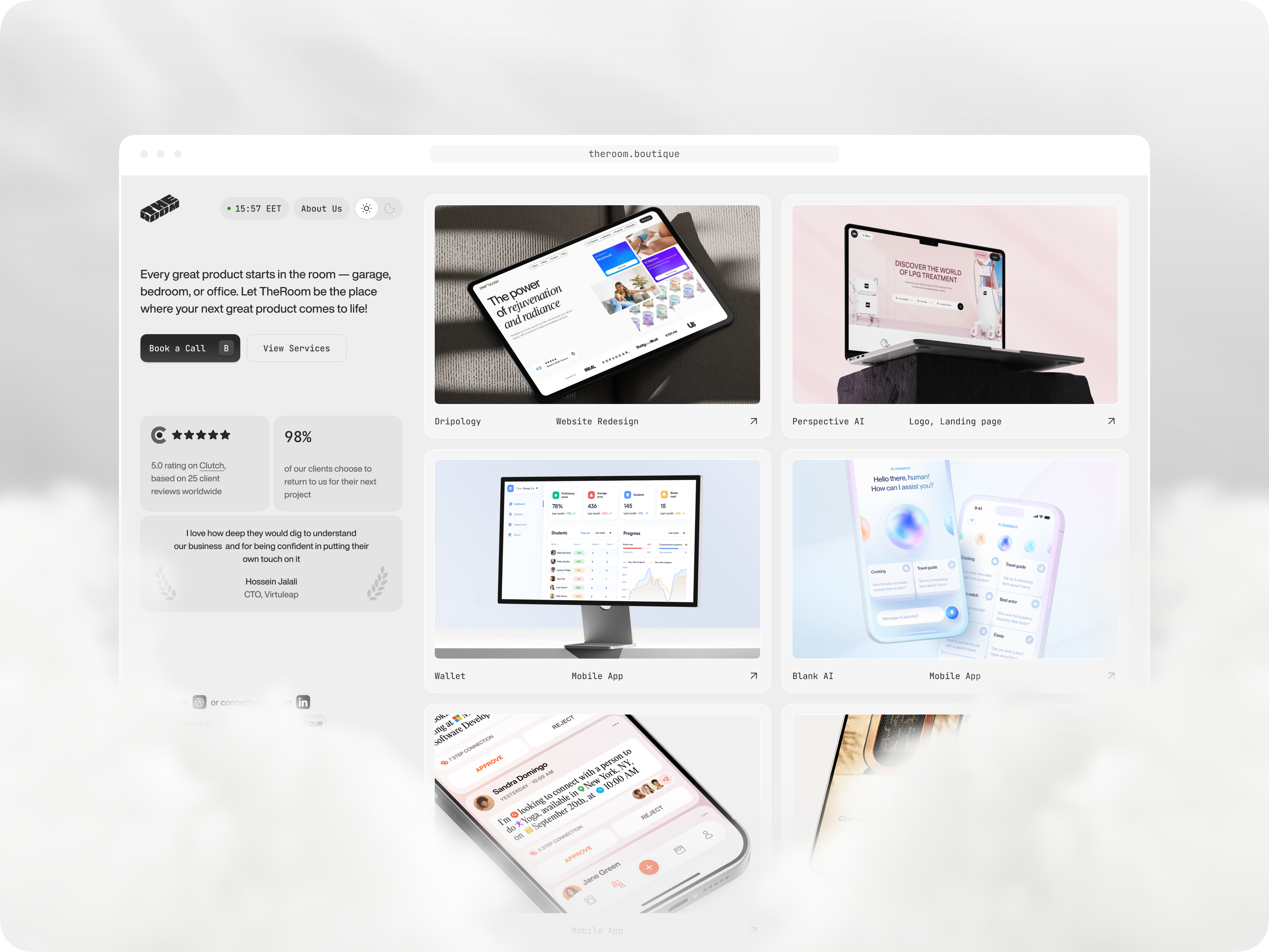 TheRoom. New Website bento case portfolio redesign studio ui website