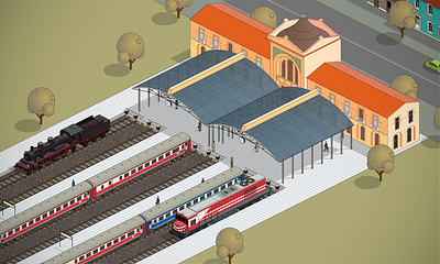 train station 1980s diorama illus illustration isometric map railway train