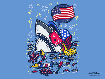 American Mullet Shark america american flag bottle rocket fireworks illustration illustrator mullet patriotic shark summer sunglasses usa