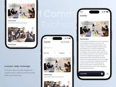 Local Community Help & Exchange App – Event Page UI appconcept appinterface cleanui communityapp connectpeople designforcommunity eventapp eventpage figmadesign interactiondesign joinnow minimalui mobileappdesign modernui neighborhoodapp productdesign socialgood uidesign uiux uxdesign