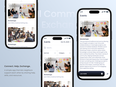 Local Community Help & Exchange App – Event Page UI appconcept appinterface cleanui communityapp connectpeople designforcommunity eventapp eventpage figmadesign interactiondesign joinnow minimalui mobileappdesign modernui neighborhoodapp productdesign socialgood uidesign uiux uxdesign