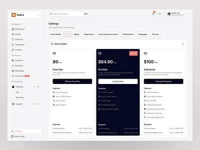 Sellora - Pricing & Integration barly clean dashboard design integration interaction motion graphics plan pricing ui uidesign ux uxdesign uxerflow web web design website