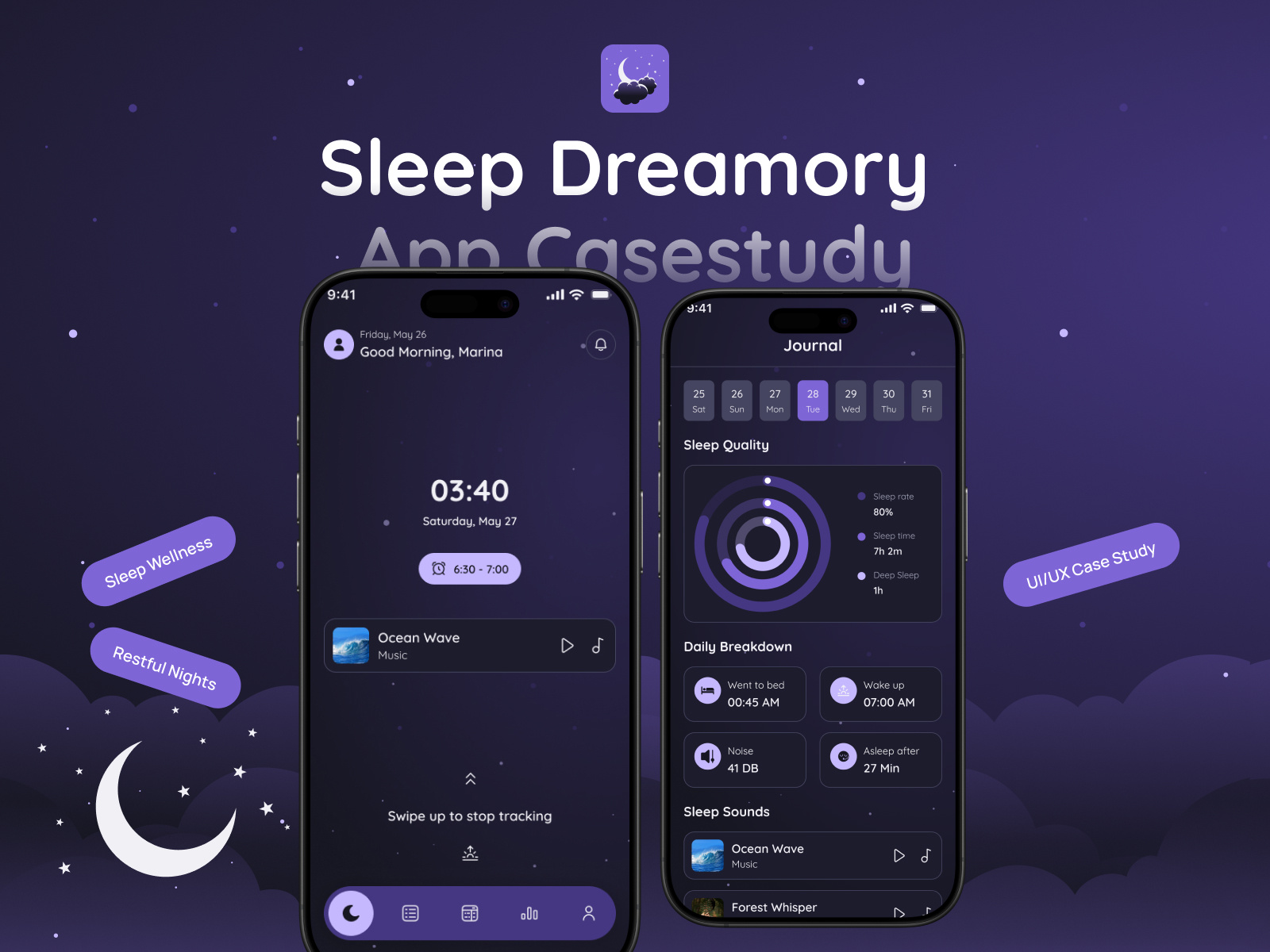 Sleep Dreamory – Sleep Tracking App UI/UX Design🌙 branding darkmode habitapp habittracker interaction interface ios app logo mobileapp product sleeptracker startup ui uiux