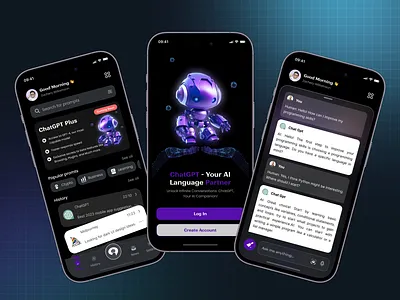 AI Chat Assistant App UI – Dark Mode Experience app design branding design graphic design illustration ios app development logo mobile app ui vector