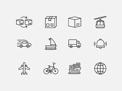 Global Transport & Delivery Icons – Minimal Line Style airplane icon app bike courier cable car cargo ship icon delivery icons flat global logistics icon design icon set iconography icons illustration line minimalist design notification icon parcel tracking shipping ui transport line icons ui