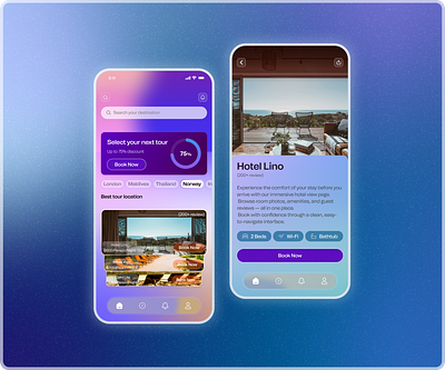 Hotel Booking App UI – Modern & Intuitive app app design branding dailyui design gradient ui graphic design hotel booking hotel management illustration smart app tour book tours and travel travel app trending ui ui uidesign