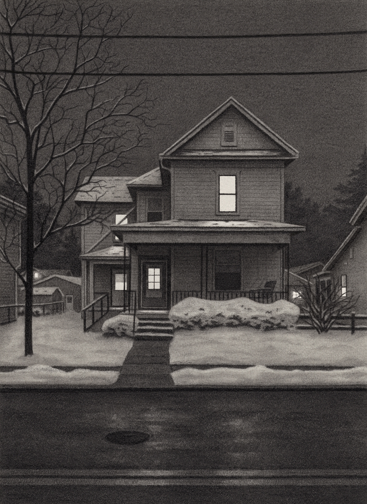 Homesick Pt. 008 drawing graphite hand drawn homesick house illustration landscape neighborhood night pencil scene sketch snow winter