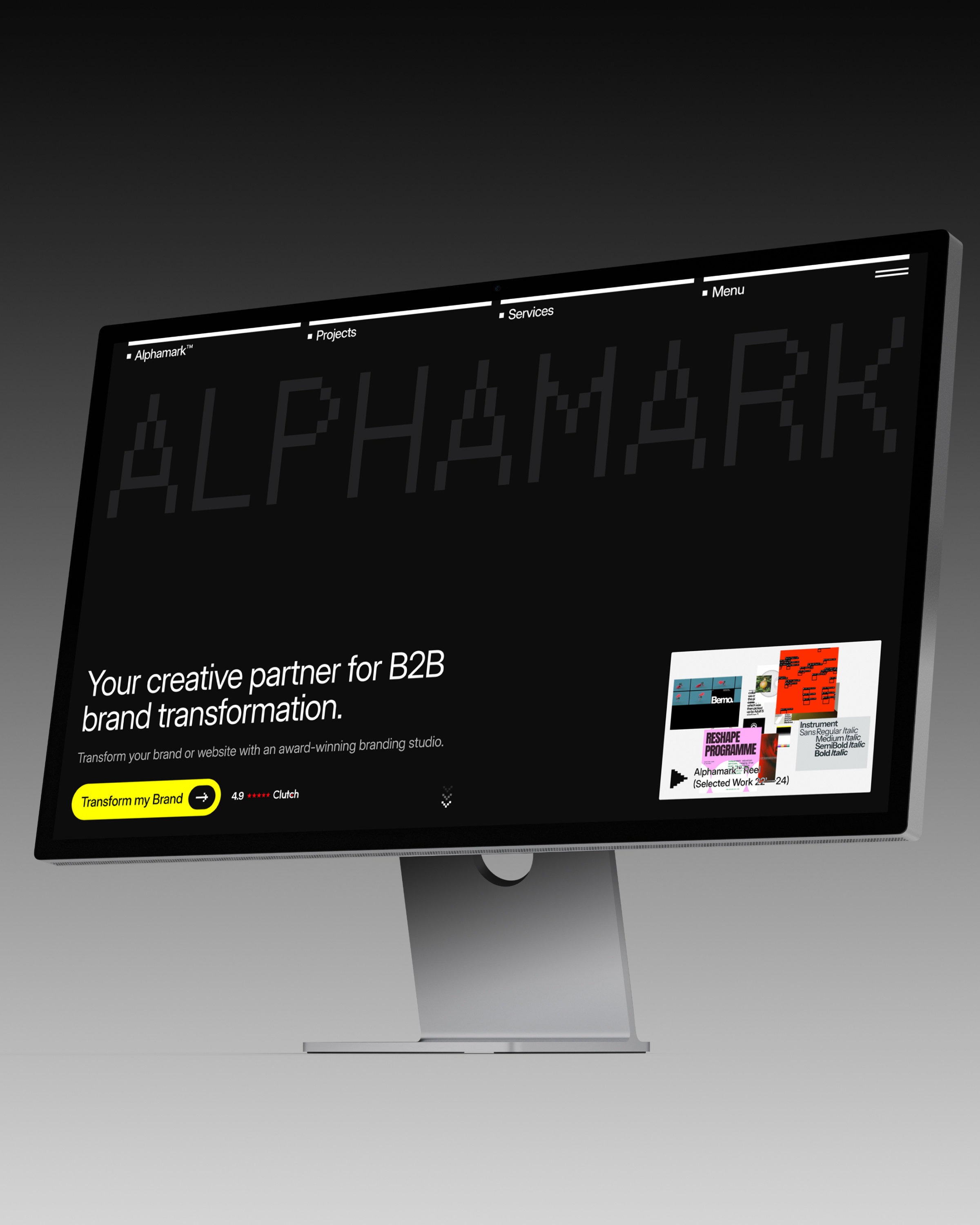 Alphamark™ agency website alphamark branding branding agency branding studio creative studio custom design hero section layout rebranding typography ui ui design user interface web design website website header