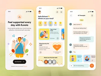 Ai Supported Mental Health Mobile App ai chatbot ai mental health app design app screen design health app healthcare ios app design meditation mental care mental health mental health app mindfulness mobile app mood tracker product design self care stress tracker ui ux user experience wellness