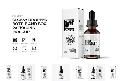 Dropper Bottle And Box Mockup PSD amber bottle box cosmetic dropper medicine mockup oil packaging paper white