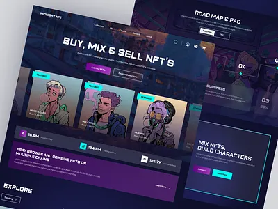 MIDNIGHT NFT - NFT Market Landing Page dark mode design disco solaris full color landing page marketplace marketplace landing page modern nft nft landing page nft marketplace nft stories nft web design popular roadmap trending ui uiux web design