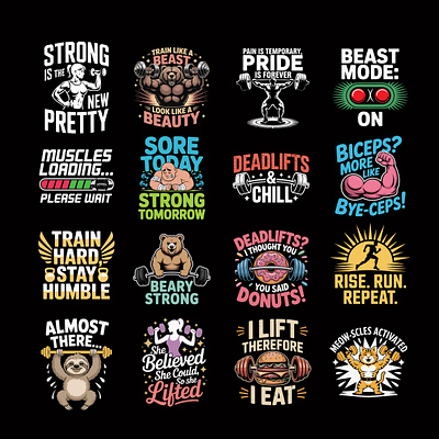Humorous Fitness Motivation T-Shirt Designs Collection. Gym Tee apparel