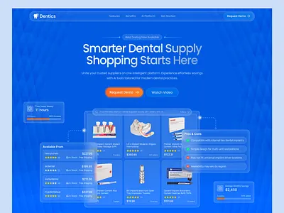 Landing Page for Dental Supply AI Platform ai platform b2b dental dentalhealth dentist dentistry glassmorhism healthcare hero home page illustration inspiration landing page saas ui ux web design web designer web3