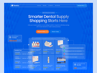Landing Page for Dental Supply AI Platform ai platform b2b dental dentalhealth dentist dentistry glassmorhism healthcare hero home page illustration inspiration landing page saas ui ux web design web designer web3