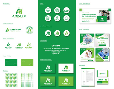 AMPARO Health Clinic – Professional Medical Branding Kit Design clean logo design clinic brand identity green branding health clinic design health services design healthcare logo hospital branding medical brand kit medical branding medical marketing kit minimal healthcare design modern medical logo professional identity design typography branding