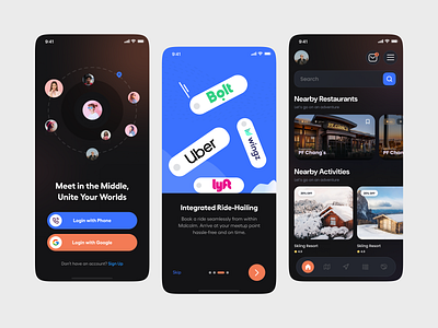 Find Midpoint, Schedule & Ride app flow app ui book rides dark theme find midpoint to meet meetup app mobile app onboarding screens rides app user experience
