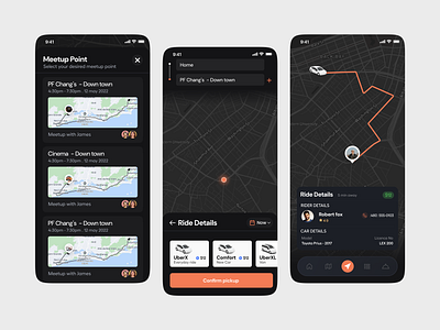 Find Midpoint, Schedule & Ride book rides dark mode app meetup mid point mobile app ride booking ride details