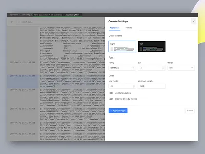 Log Tailing Settings code dark live log modal mode overlay platform product tailing ticker ui web