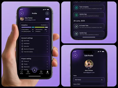 AI Task Management Mobile App ai app aidesign dailyplanner darkui futureofwork mobileappdesign modern ui notification page productivityapp profile page projectmanagement smarttaskmanager smarttasks task manager taskmanagementapp taskplanner timemanagementapp ui user interface uxdesign