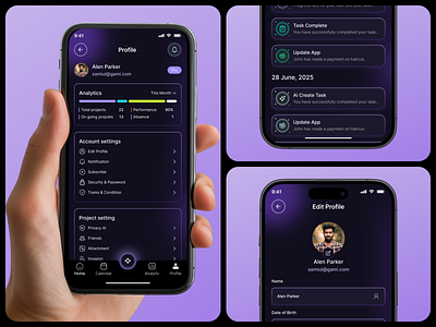 AI Task Management Mobile App ai app aidesign dailyplanner darkui futureofwork mobileappdesign modern ui notification page productivityapp profile page projectmanagement smarttaskmanager smarttasks task manager taskmanagementapp taskplanner timemanagementapp ui user interface uxdesign