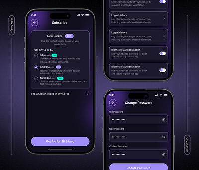 AI Task Management – Subscription & Security Mobile App ai appdesign appinterface biometriclogin collaboration darkmode designsystem gradientui minimal ui mobileapp password change productivityapp project management settingsscreen subscriptionapp task management task management app task prioritization tasktracker workflow