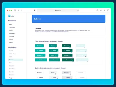 Buttons at Publer Design System app buttons design design system figma green interactive labels platform publer social media system system page ui user interface ux