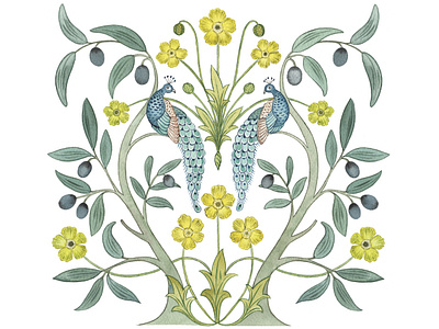 Arts and Crafts Watercolour panel botanical icelandic poppy pattern peacock repeat pattern surface pattern watercolour watercolour flowers william morris