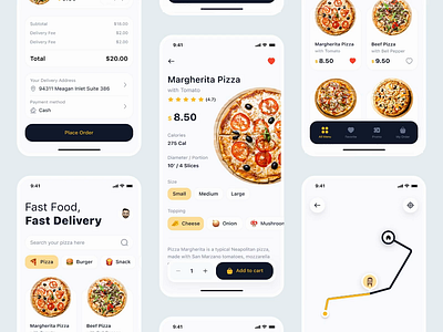 🍕 Pizzy - Pizza Delivery Interactions add to cart animation app card delivery design food food delivery interaction menu mobile mobile app motion pizza product restaurant services tracking ui ux