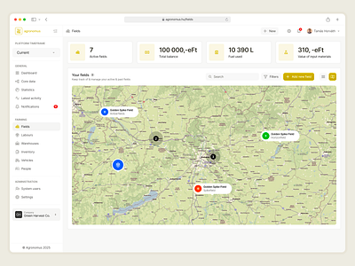 Agronomus - Farming fields map view agricultural platform app cms dashboard dashboard map design farming label map map overview navigation sidebar ui ux