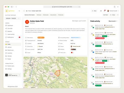 Agronomus - Farming field overview activity agricultural platform app dashboard design farm overview farming field overview map overview navigation overview sidebar status ui ux