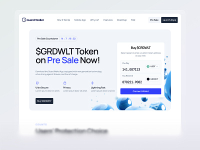 Guard Wallet | Token Pre-Sale Landing Page blockchain buy token coin crypto wallet defi landing page ledger meme coin minimalist crypto presale secure wallet app swap token token presale tokenomics wallet wallet connection web3 website design