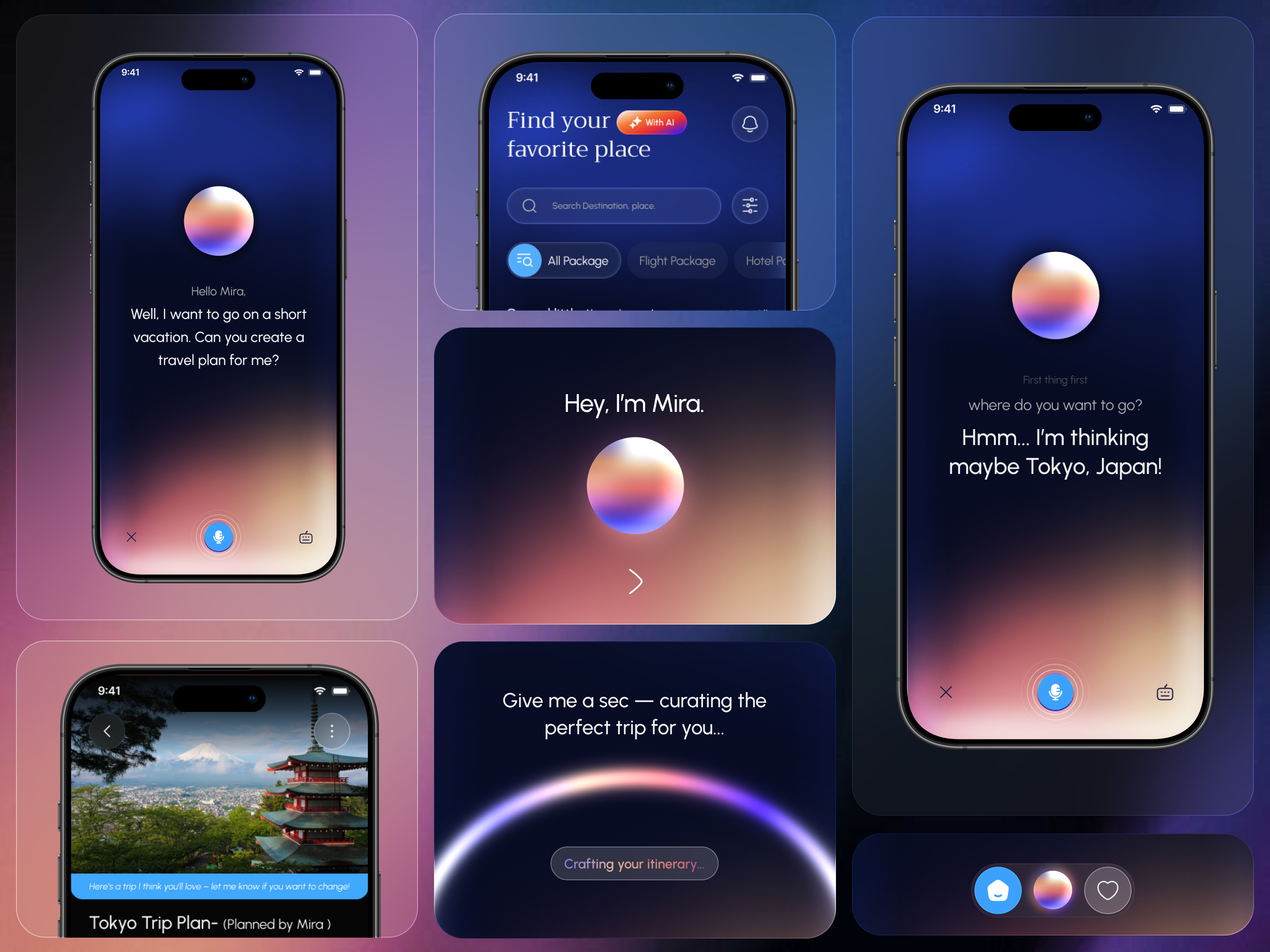 AI Travel Mobile App | Mira advanture ai ai app ai travel app design app design app designer dark mood figma flight booking mobile modern app tour app tourist app travel travel app travel app design trip planer ui ui design vacation