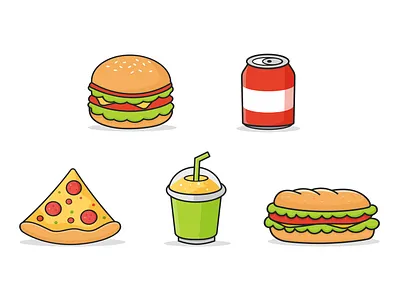 Fast food icons . Vector illustration art burger decoration design fast food graphic design icon illustration junk food modern pizza print sandwish soda trend