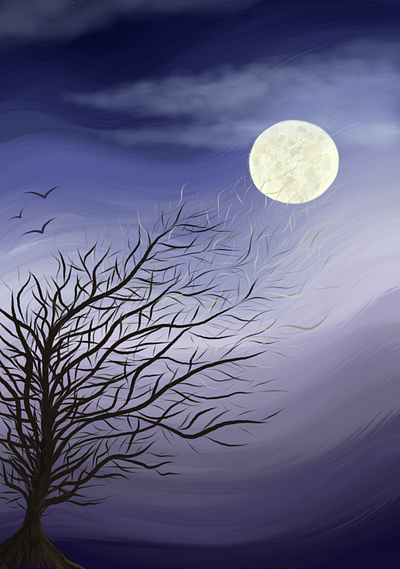 Enchanted by the Moon digital painting moon night tree