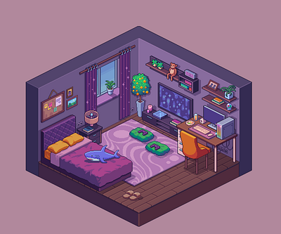 Girl room; 8bit digital art illustration isometric pixel art